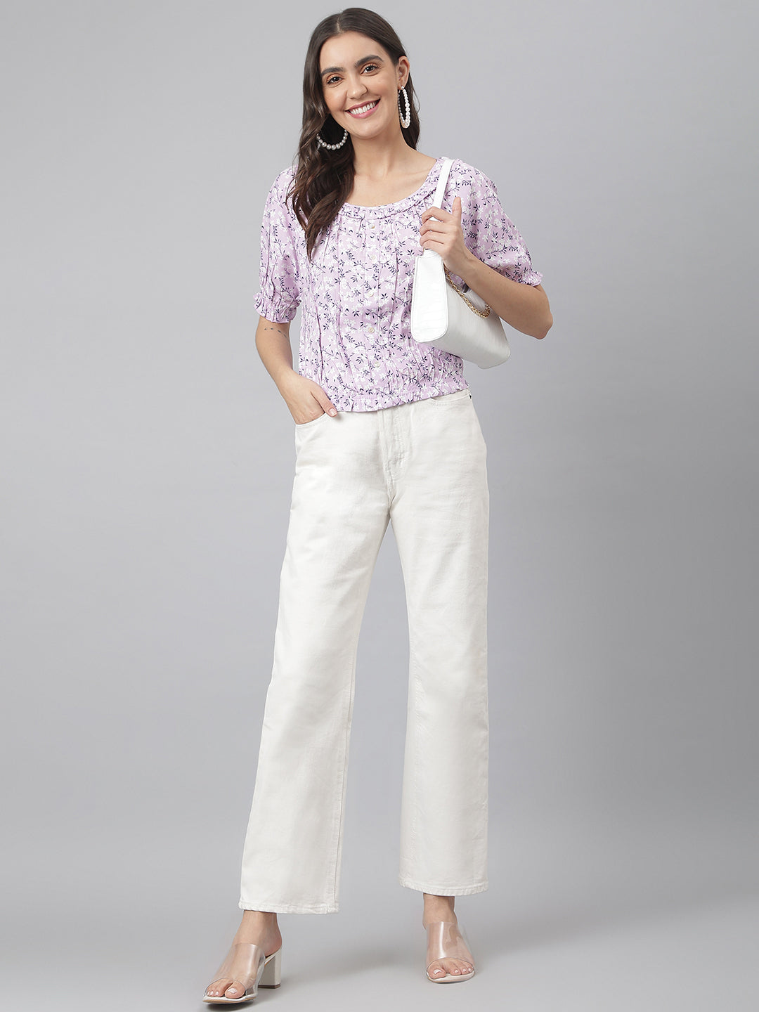 Lavander Floral Top With Elasticated Waist Band In A Cool Feel Fabric