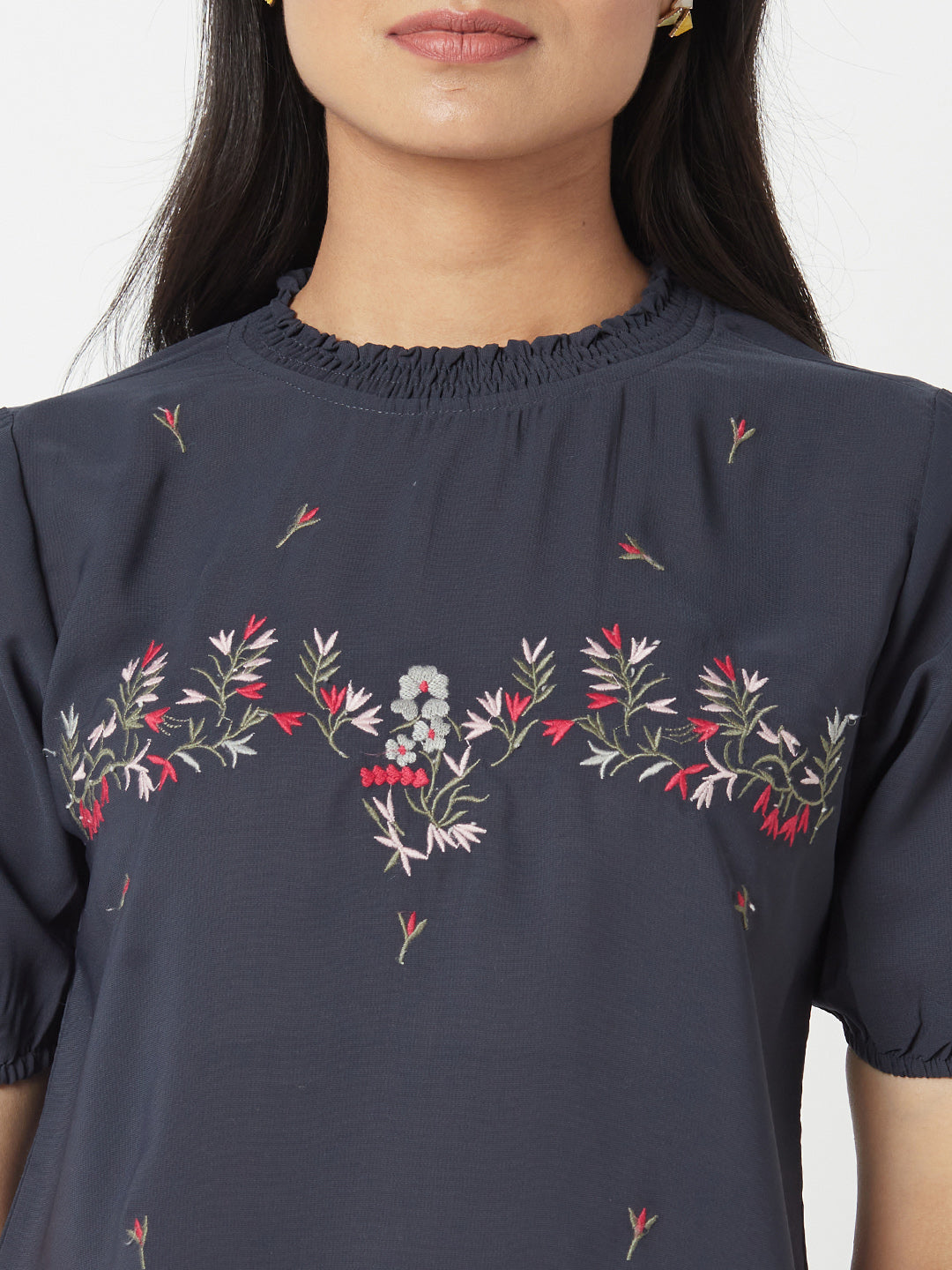 Navy Round Neck Embroidered Top