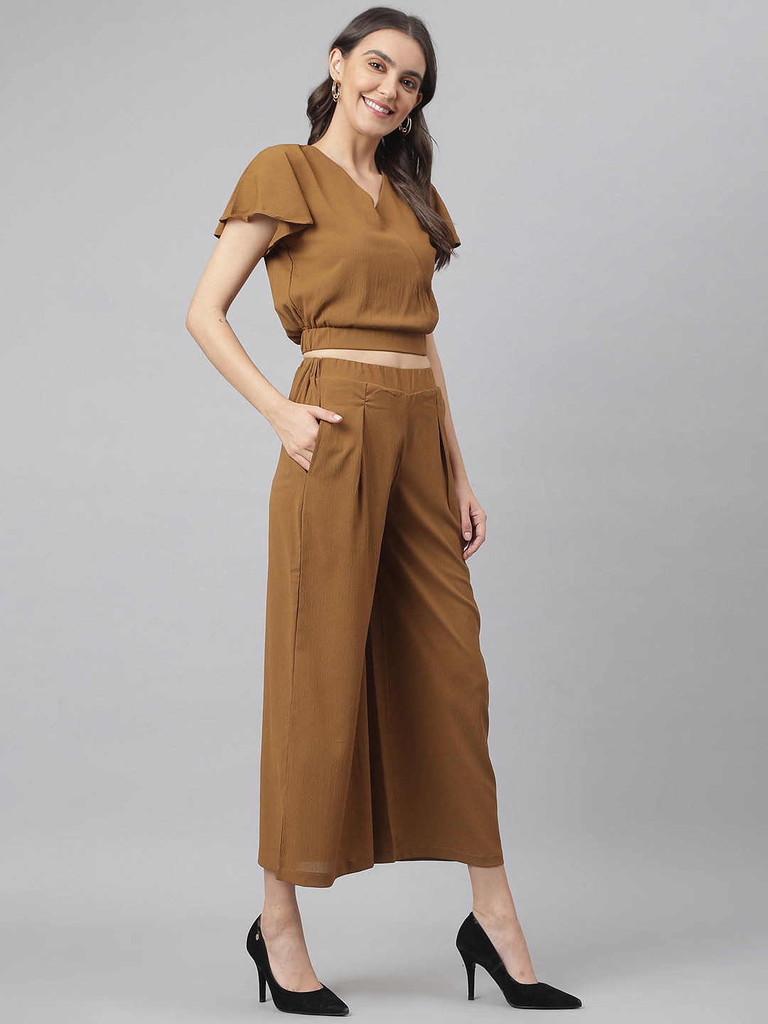 Brown V Neck Co-ordinate Set With Looser Bottom