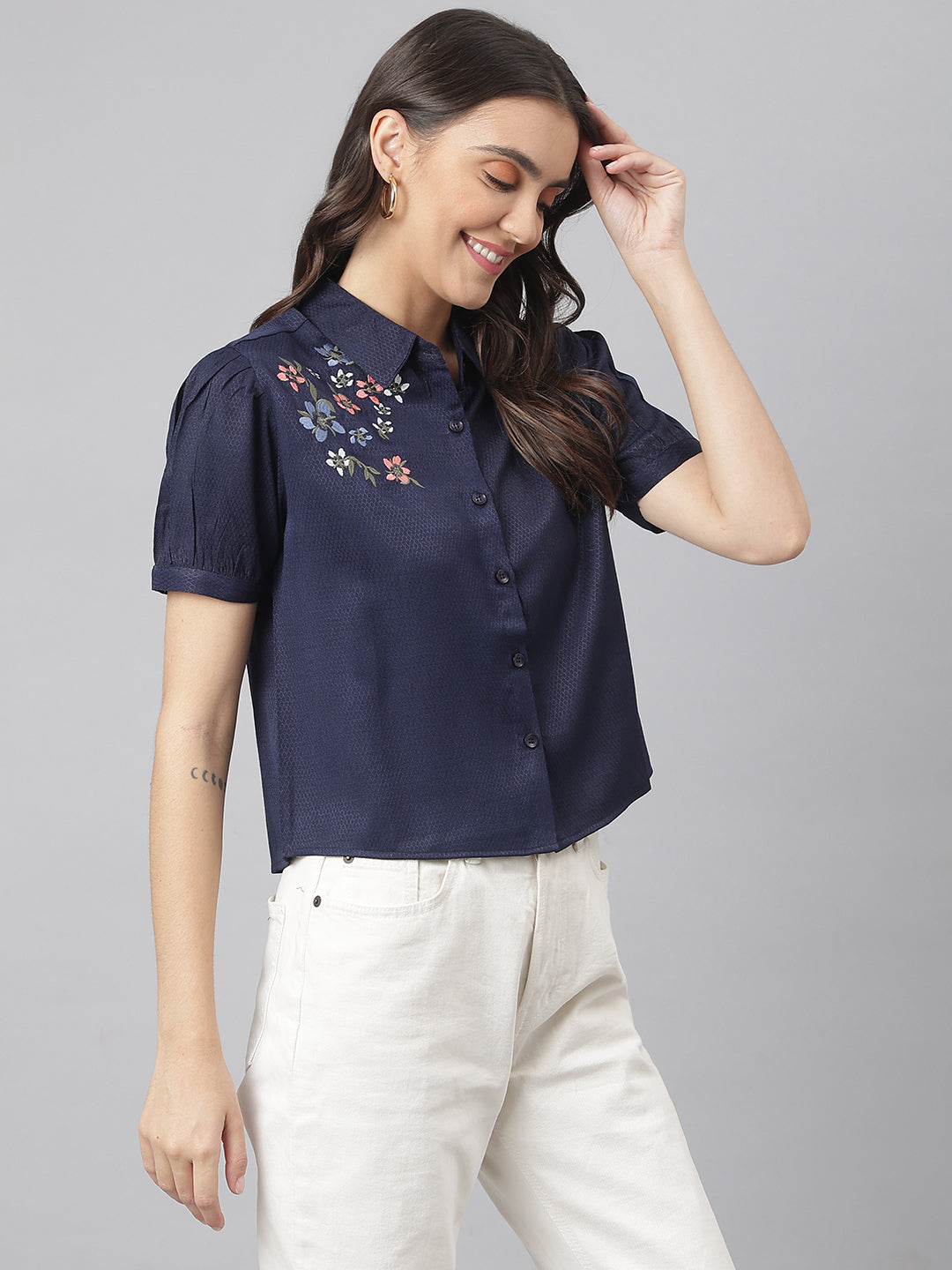 Navy Collared Embroidered Buttoned Shirt ( Top)