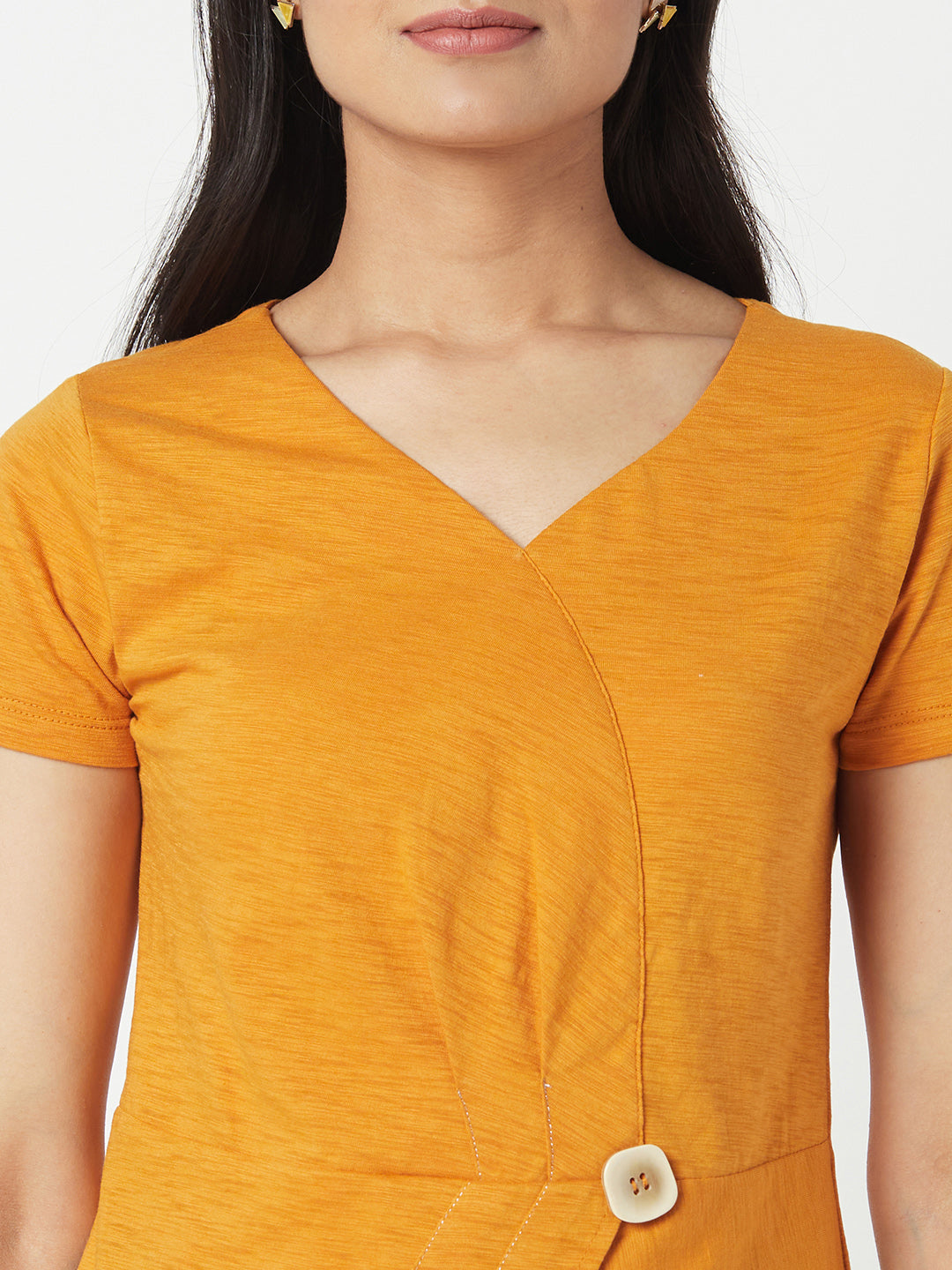 Mustard V Neck Cotton Top With Extended Side