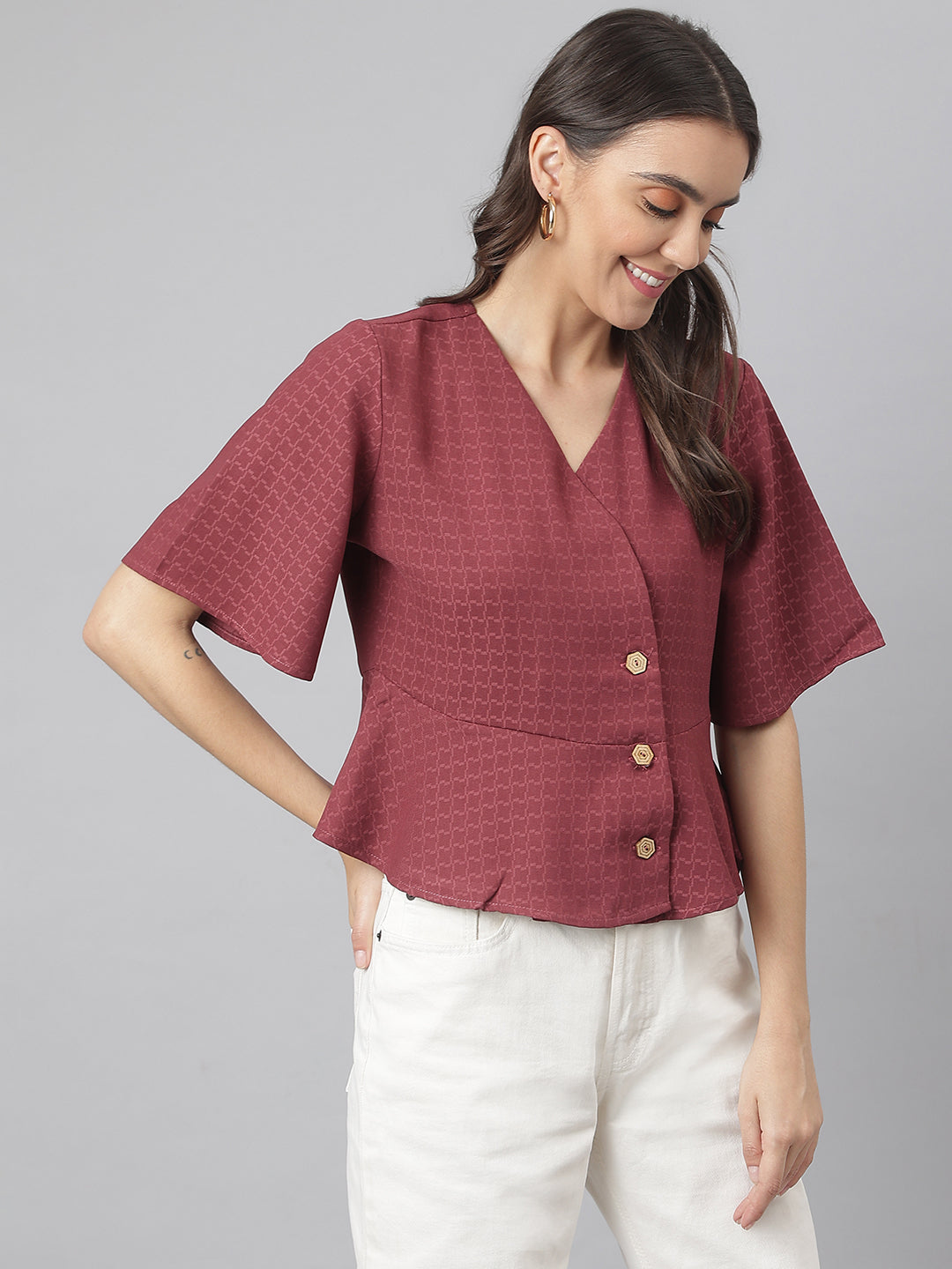 Maroon Elegant Looking Office Wear Peplum Bottomed Top