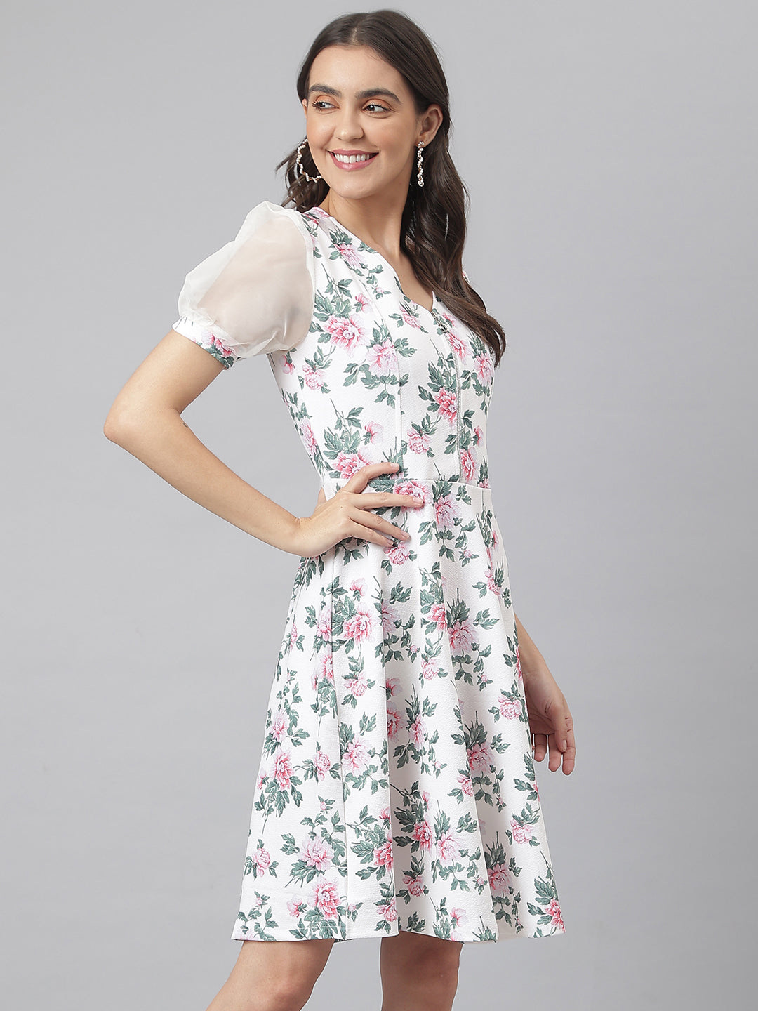 Off White Poly Blend Lycra Fabric Floral Printed Dress With Organza Sleeves