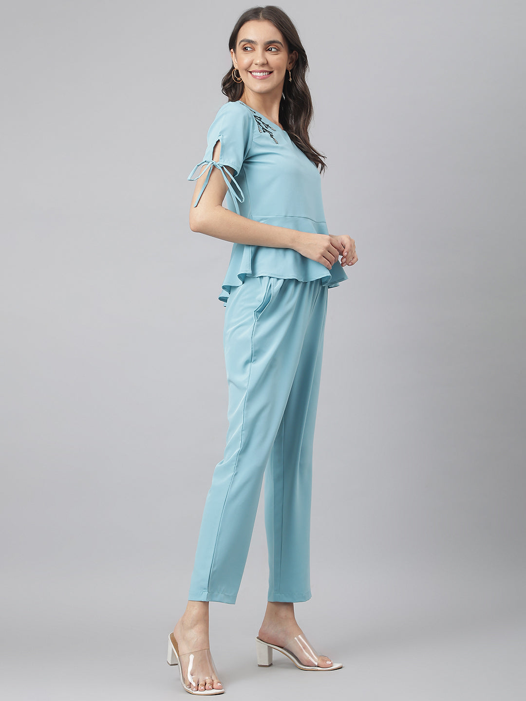 Aqua Round Neck Embroidered Peplum Co-ordinate Set