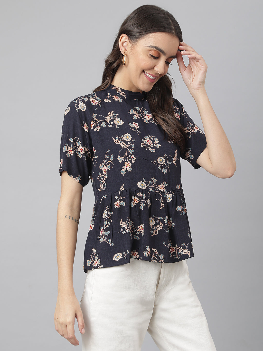 Navy Floral Rayon Fabric Top