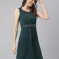 Bottle Green Woven Formal Dress With Embroidered Waist Band & Side Zip