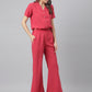 Pink V Neck Collared Co-ordinate Set With Bell Bottom