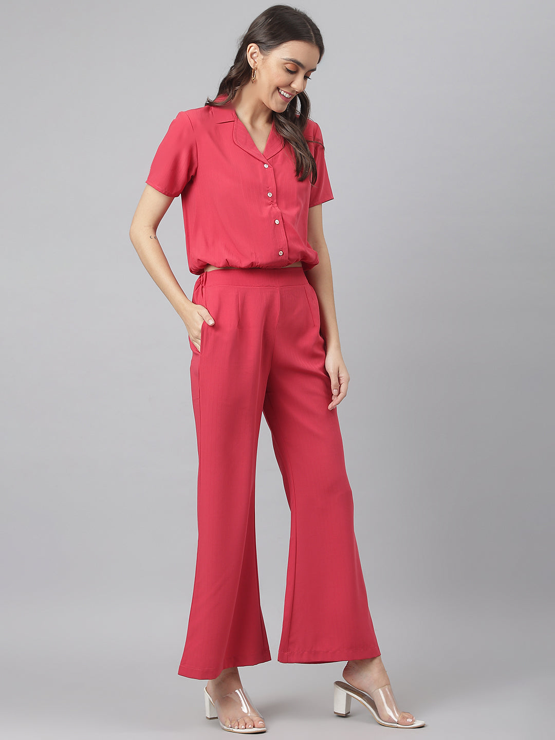 Pink V Neck Collared Co-ordinate Set With Bell Bottom