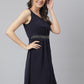 Navy Woven Formal Dress With Embroidered Waist Band & Side Zip
