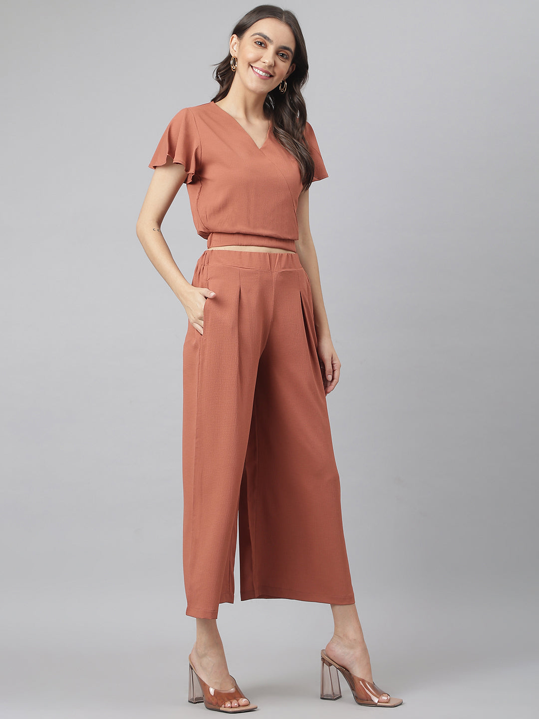 Rust V Neck Co-ordinate Set With Looser Bottom