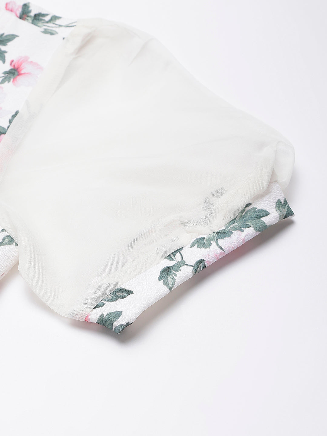 Off White Poly Blend Lycra Fabric Floral Printed Dress With Organza Sleeves