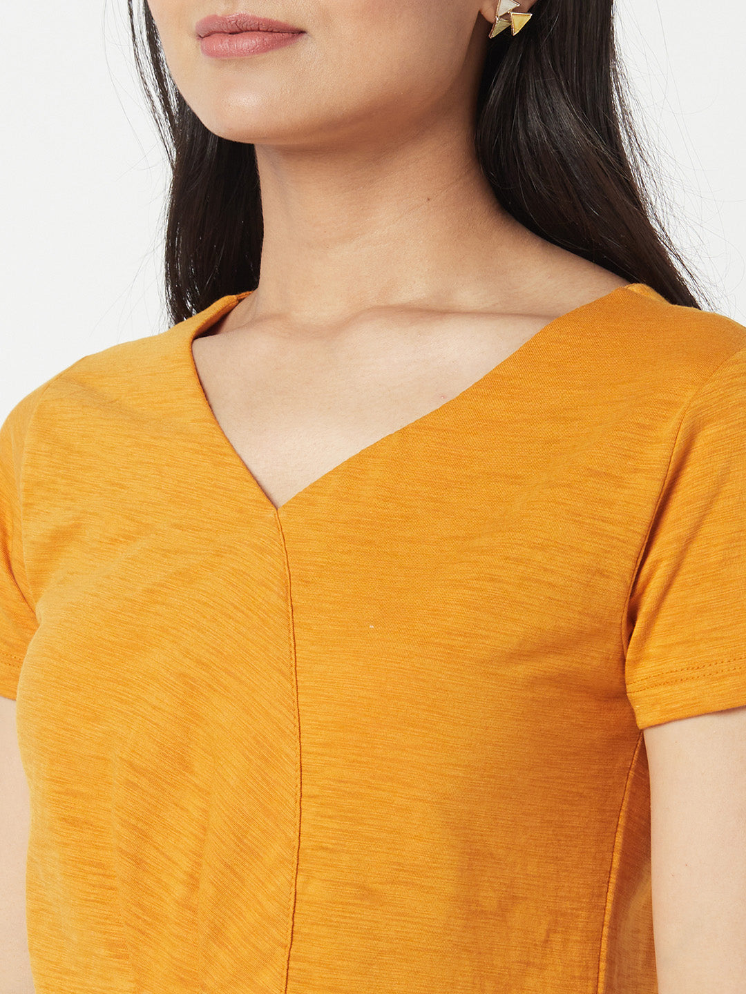 Mustard V Neck Cotton Top With Extended Side