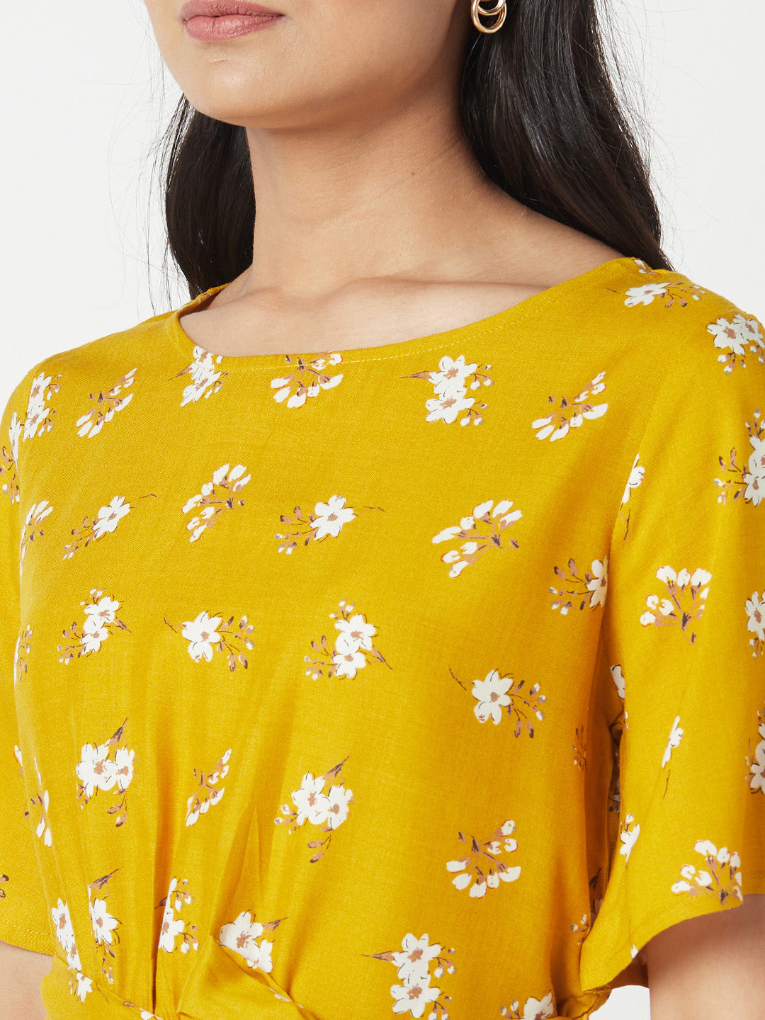 Mustard Round Neck Woven Cotton Rayon Top With Belt