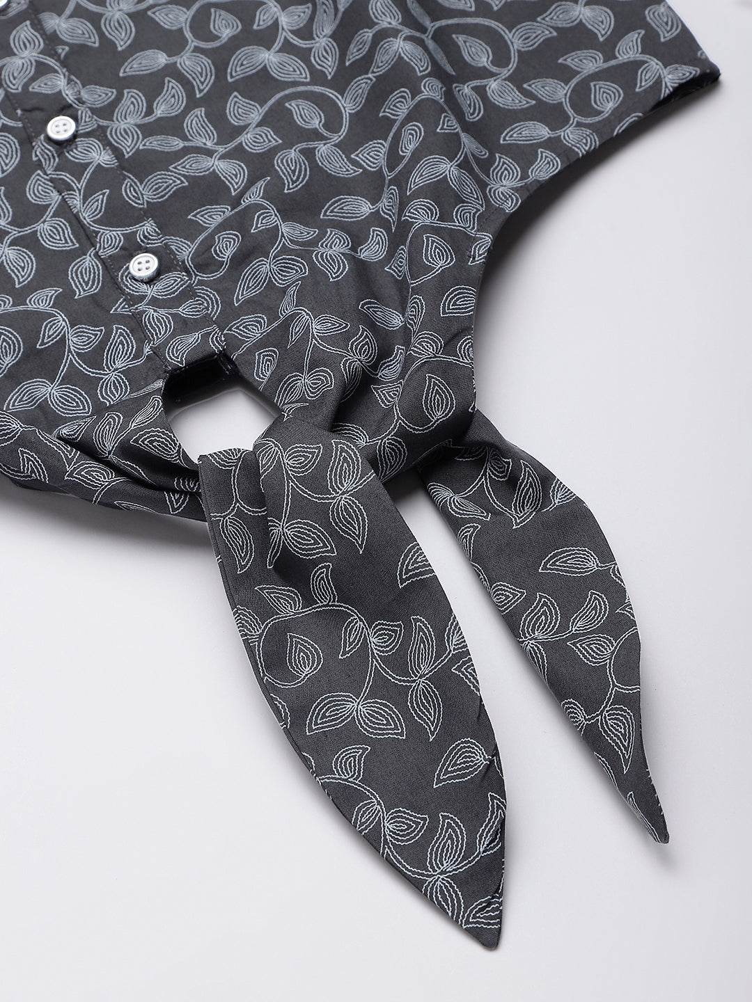Black Leaf Printed Buttoned Shirt Top With Knot In Front