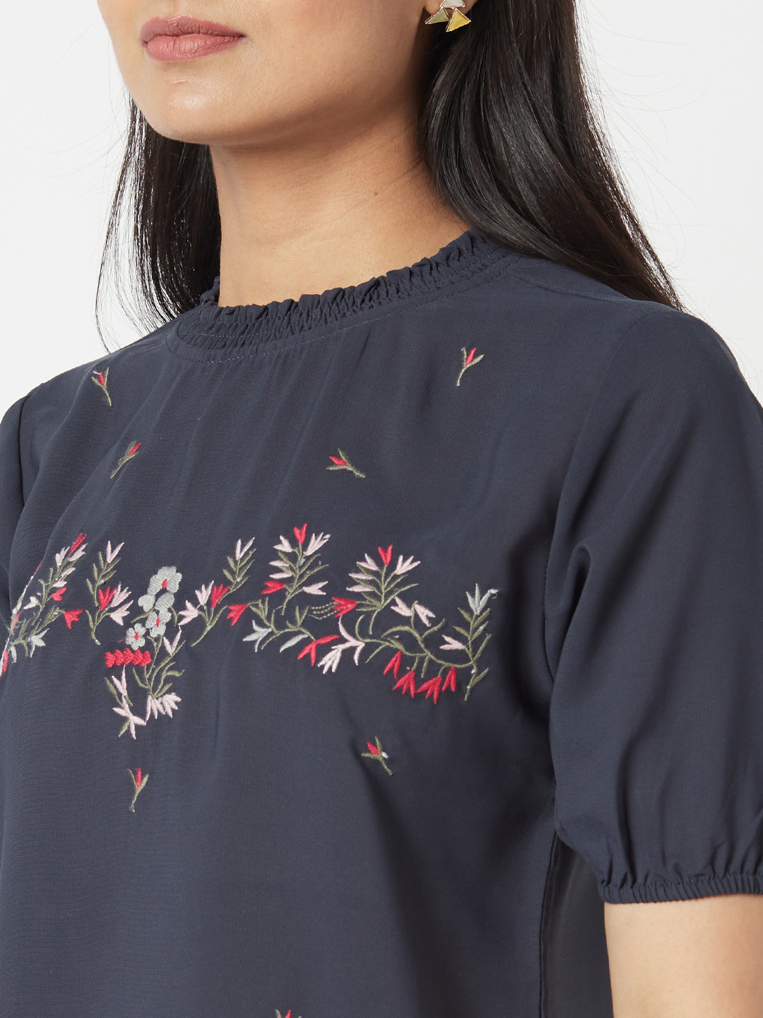Navy Round Neck Embroidered Top