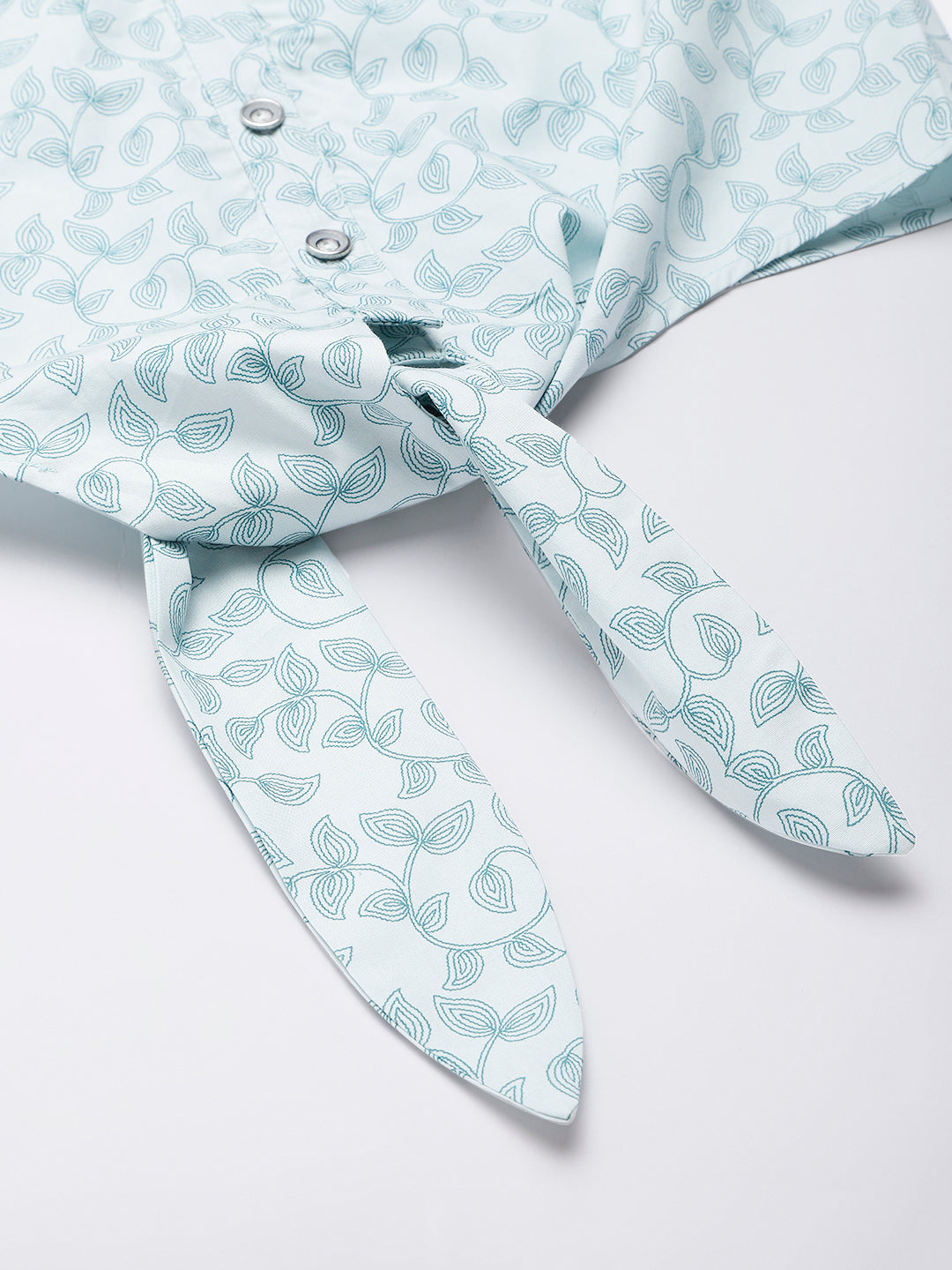 Sky Blue Leaf Printed Buttoned Shirt With Knot In Front