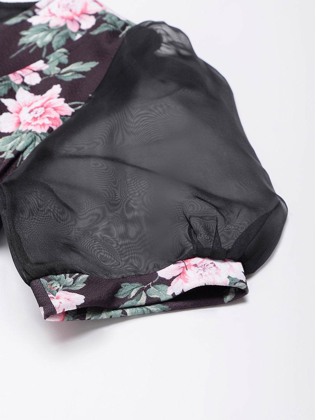 Black Poly Blend Lycra Fabric Floral Printed Dress With Organza Sleeves