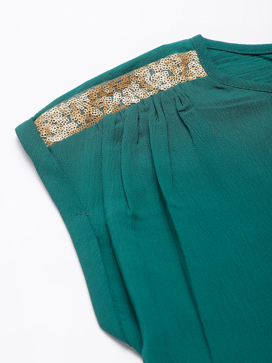 Green Short Top With Woven Front With Knitted Back & Shimmery Lace On Shoulder