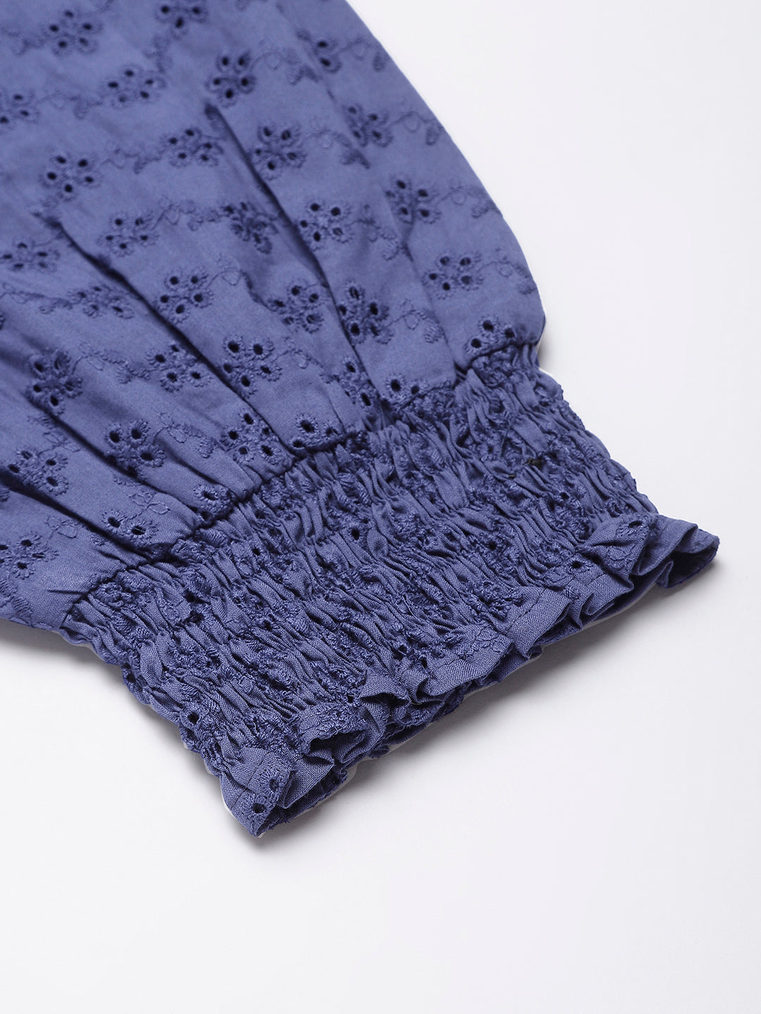 Navy Cotton Chicken Fabric Top With Smoking Waist Band & Sleeves