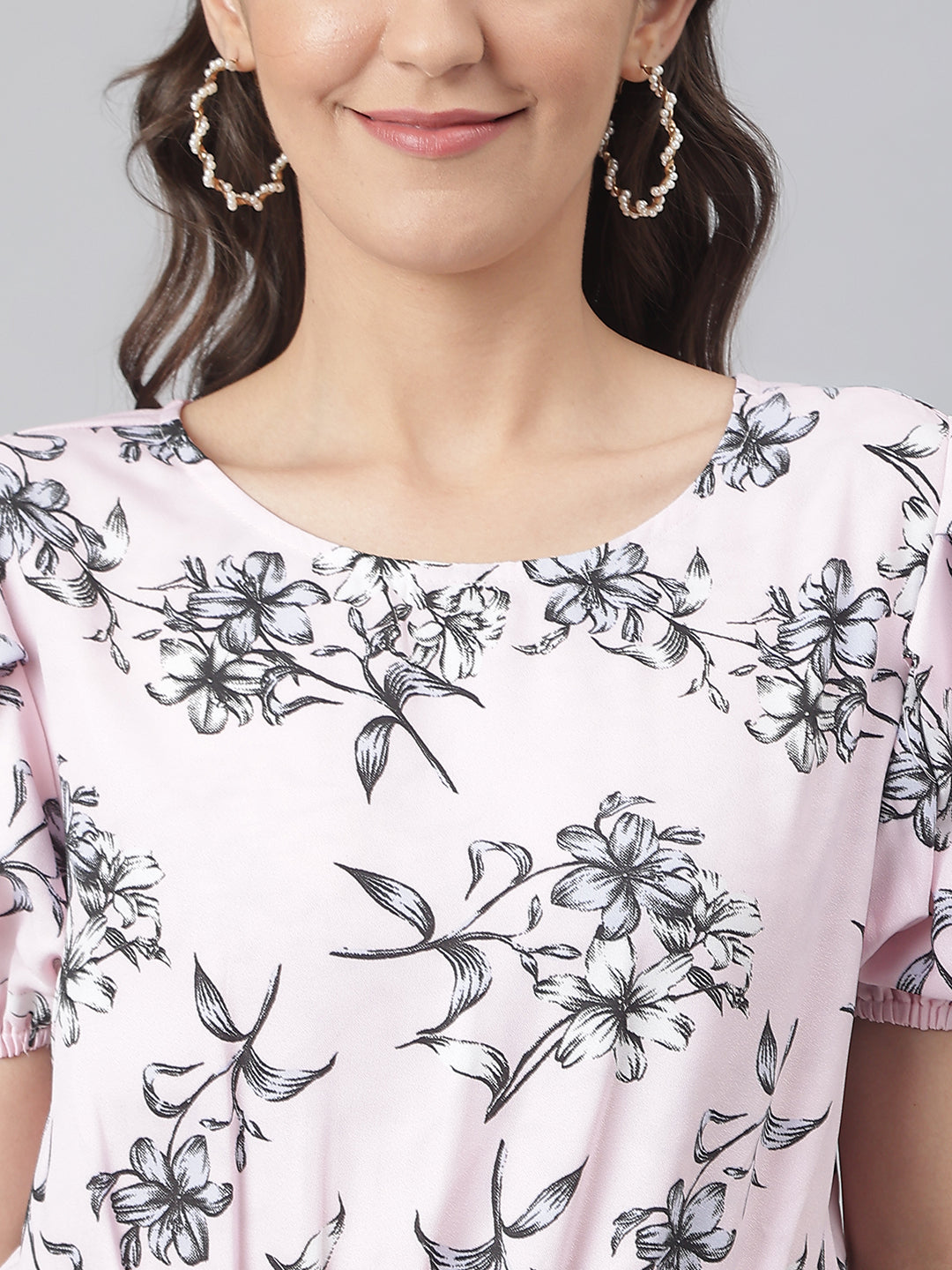 Pink Floral Top With Elasticated Waist Band At Back For Perfect Fit