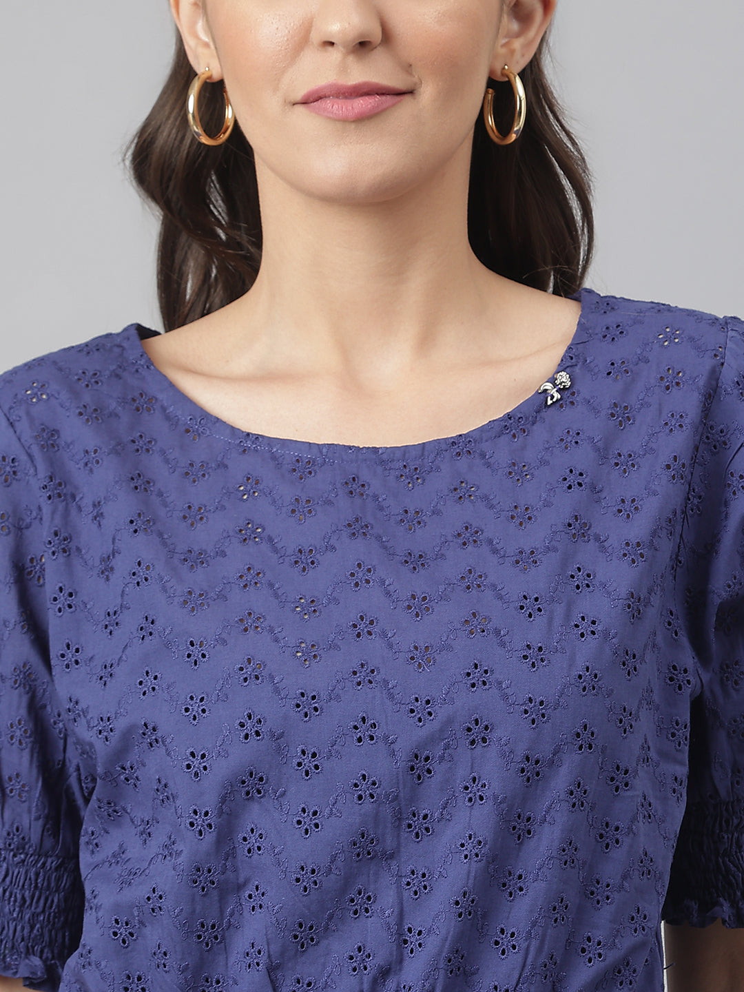 Navy Cotton Chicken Fabric Top With Smoking Waist Band & Sleeves