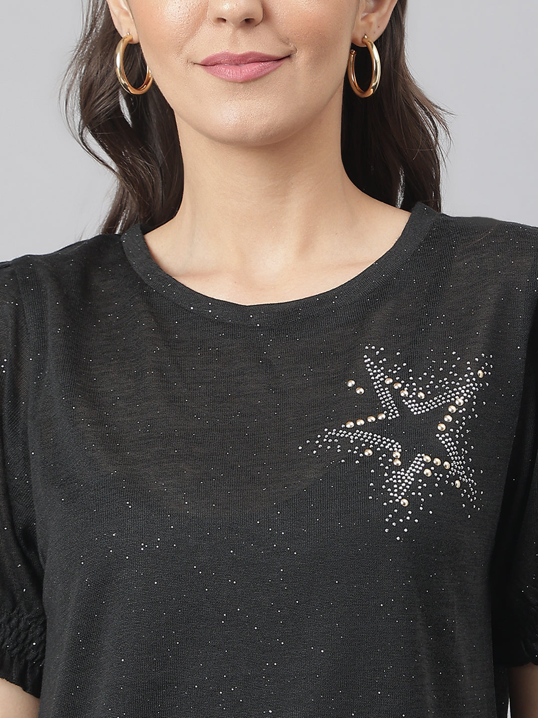 Black Round Neck Poly Blend Star Studded Knitted Top