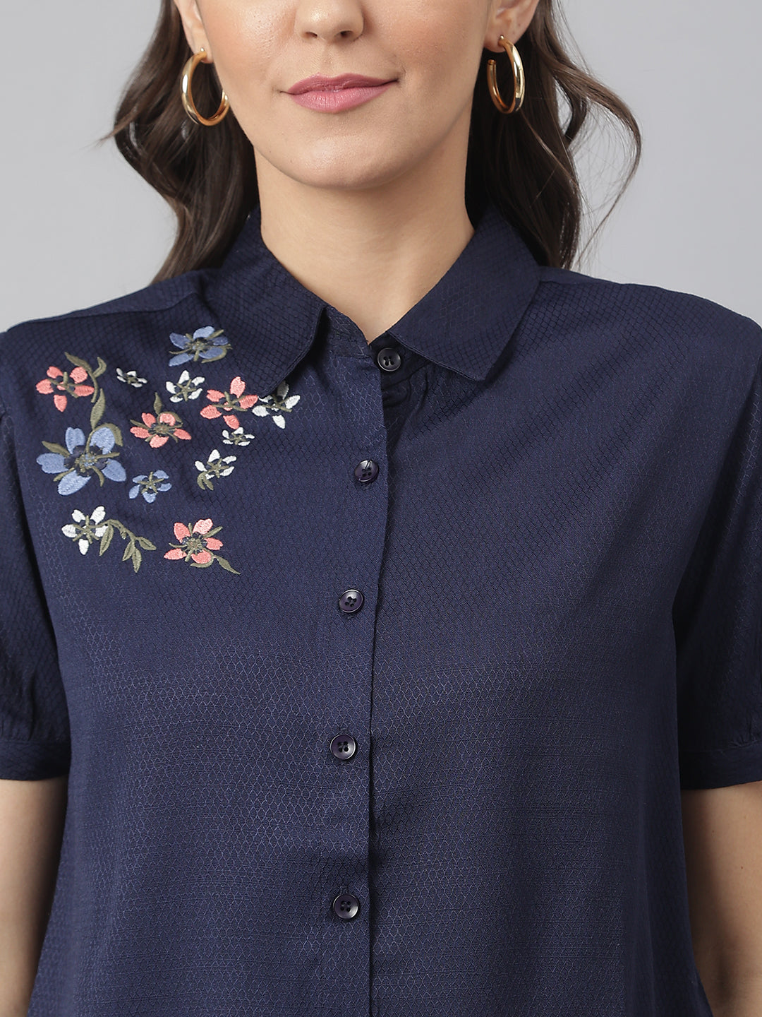 Navy Collared Embroidered Buttoned Shirt ( Top)
