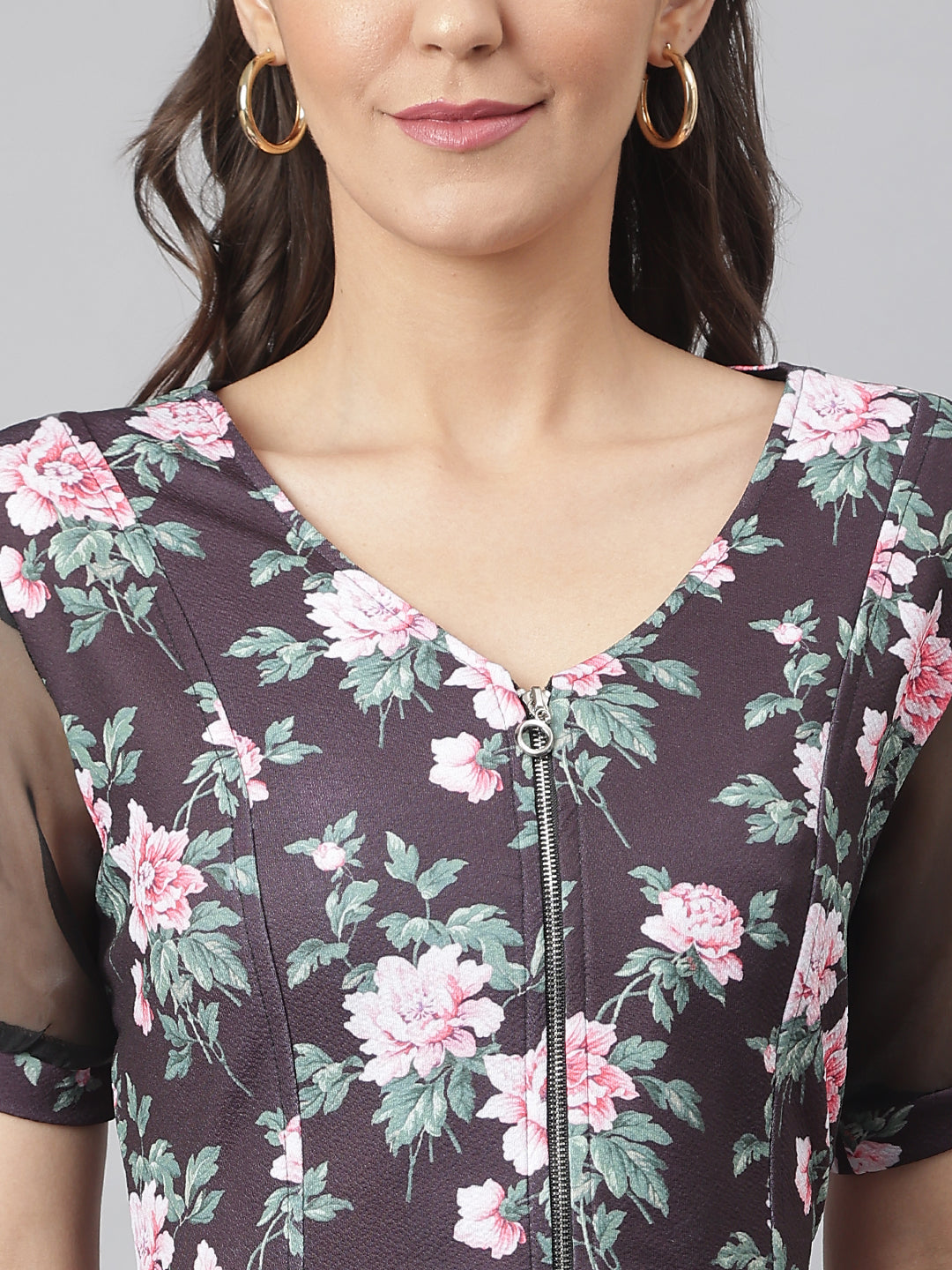 Black Poly Blend Lycra Fabric Floral Printed Dress With Organza Sleeves