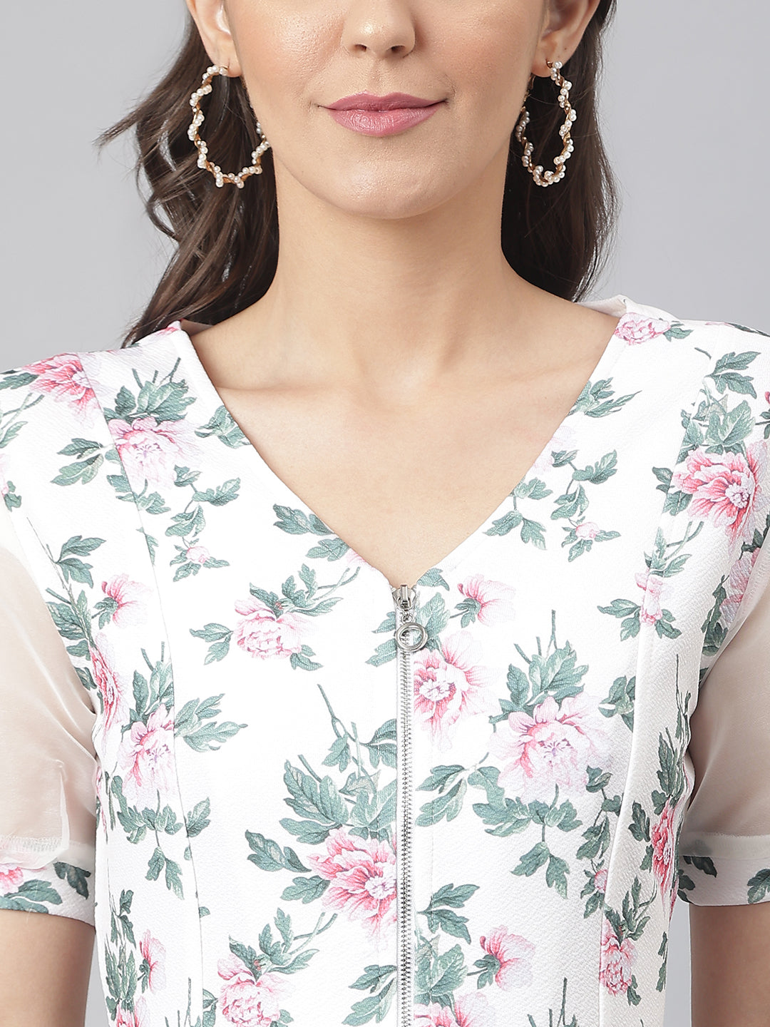 Off White Poly Blend Lycra Fabric Floral Printed Dress With Organza Sleeves