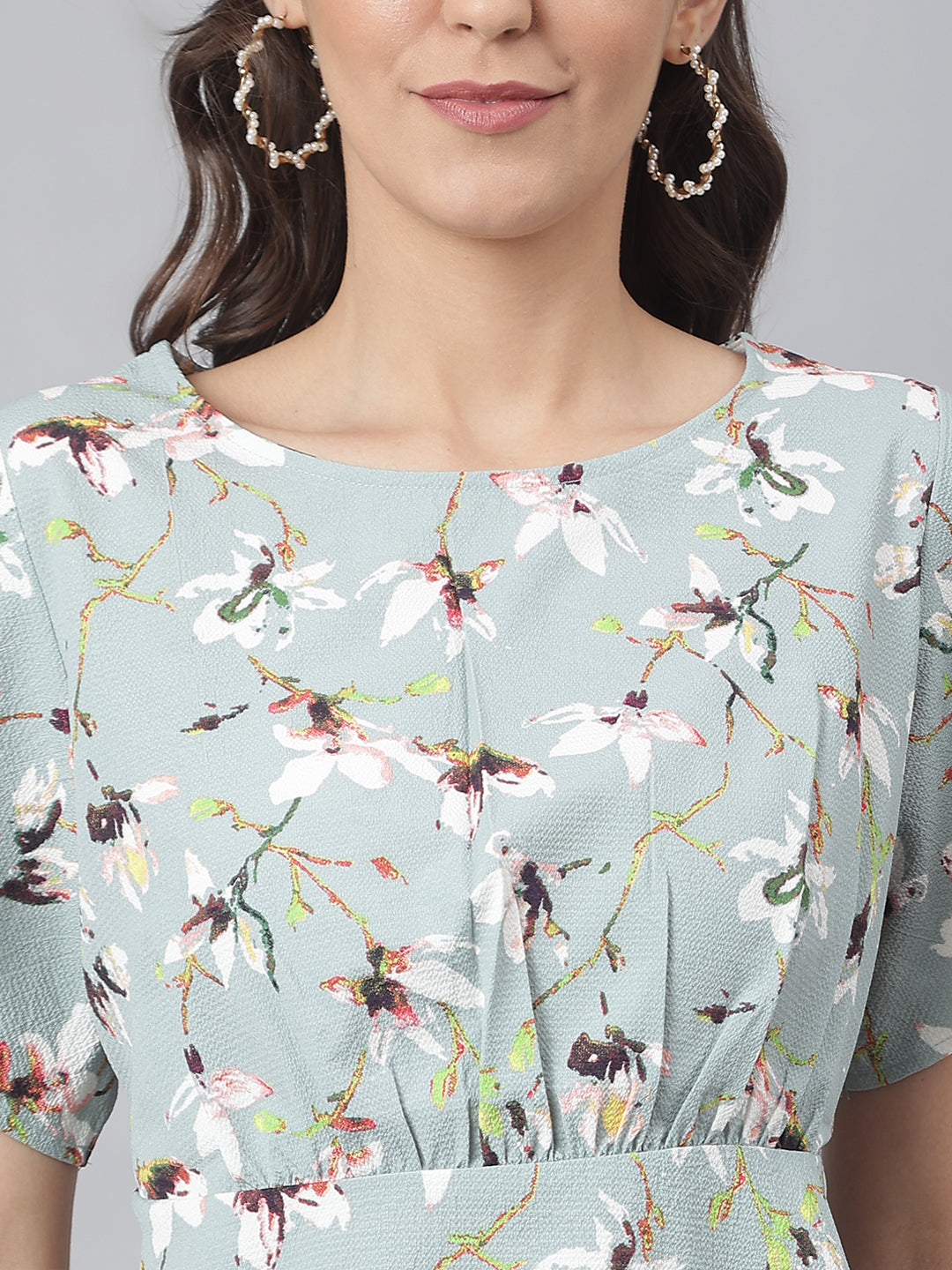 Greyish Blue Floral Printed Office Wear Top