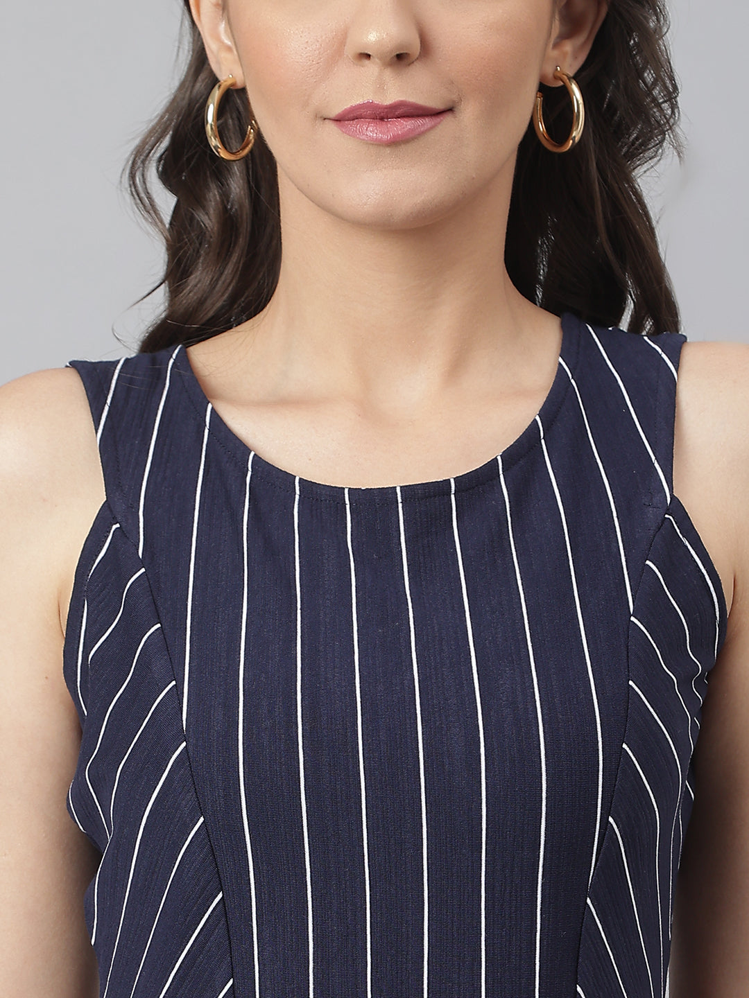Navy - Round Neck Knitted Cotton Dress