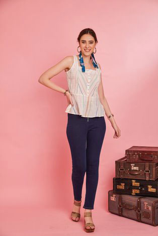 Off White Cut Sleeve Striped Top With Zip On Side For Perfect Fit