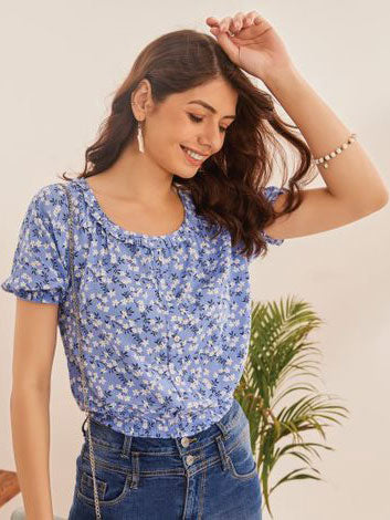 Blue Floral Top With Elasticated Waist Band In A Cool Feel Fabric