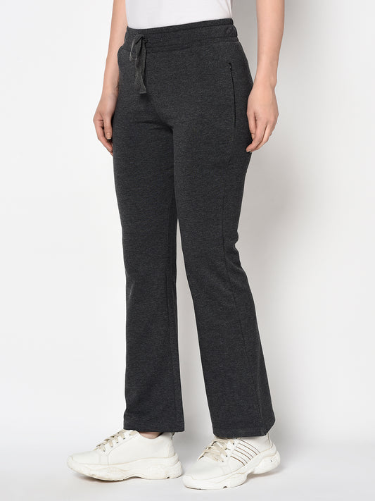 Grey Bell Bottomed Stretch Fabric Track Pant With Zipper Pockets