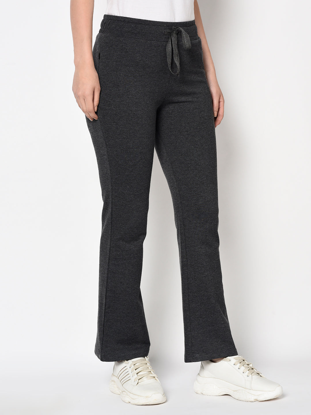 Grey Bell Bottomed Stretch Fabric Track Pant With Zipper Pockets