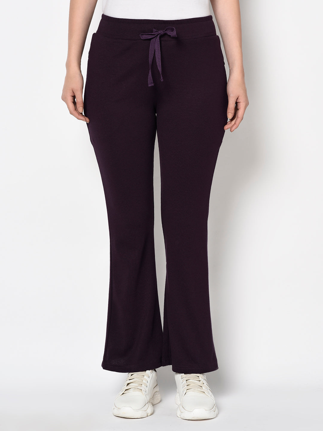 Purple Bell Bottomed Stretch Fabric Track Pant With Zipper Pockets