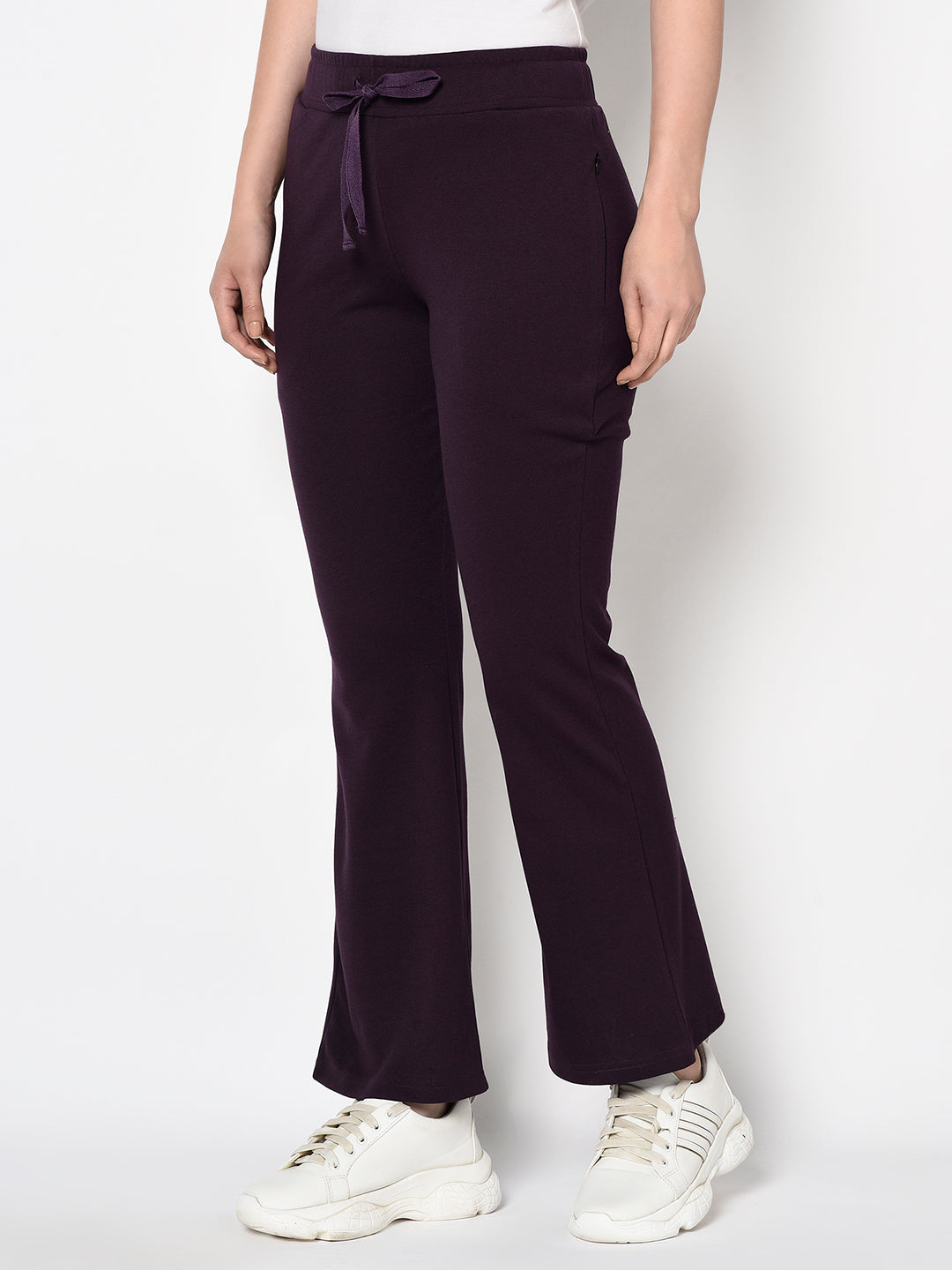Purple Bell Bottomed Stretch Fabric Track Pant With Zipper Pockets