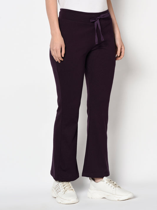 Purple Bell Bottomed Stretch Fabric Track Pant With Zipper Pockets