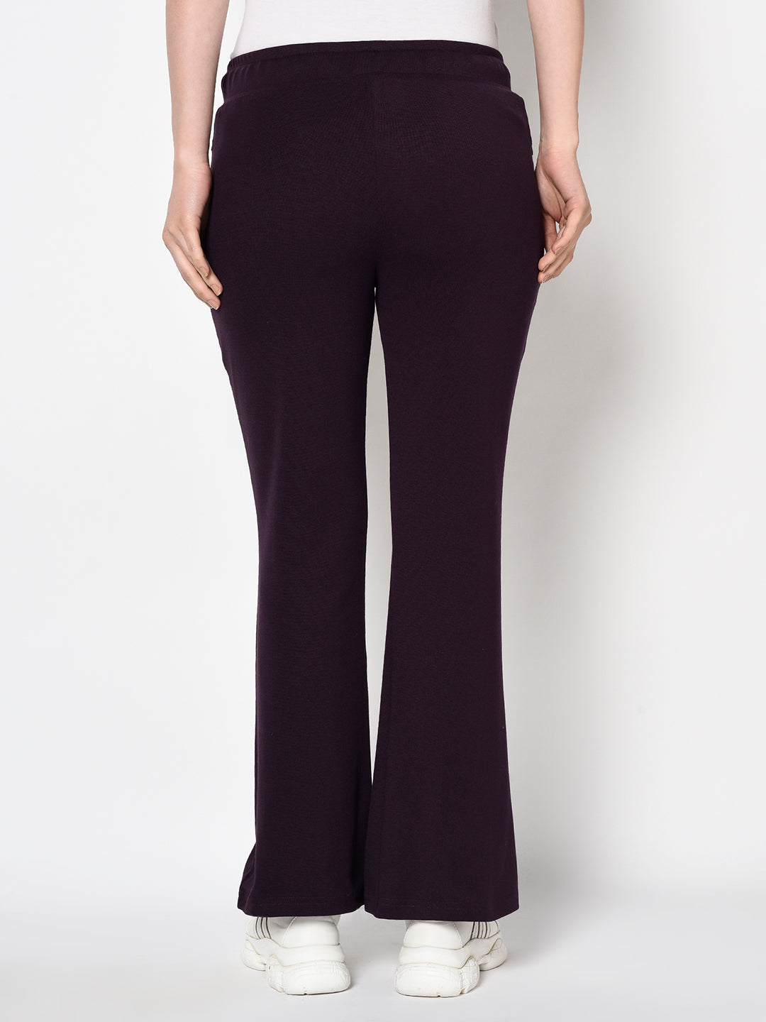 Purple Bell Bottomed Stretch Fabric Track Pant With Zipper Pockets