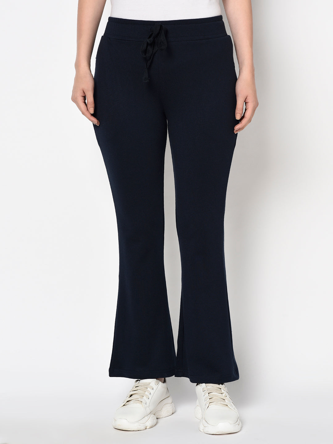 Navy Blue Bell Bottomed Stretch Fabric Track Pant With Zipper Pockets