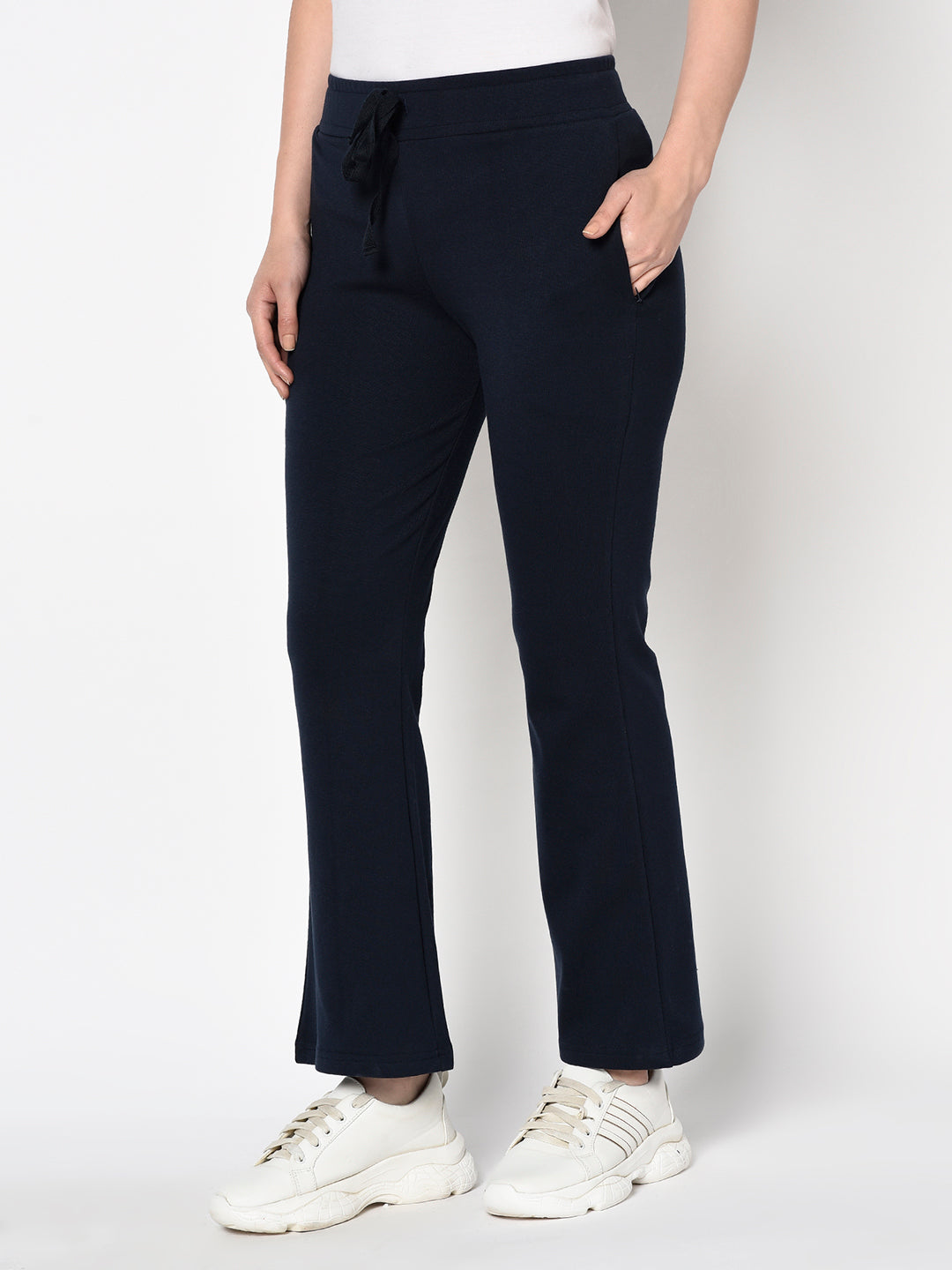 Navy Blue Bell Bottomed Stretch Fabric Track Pant With Zipper Pockets