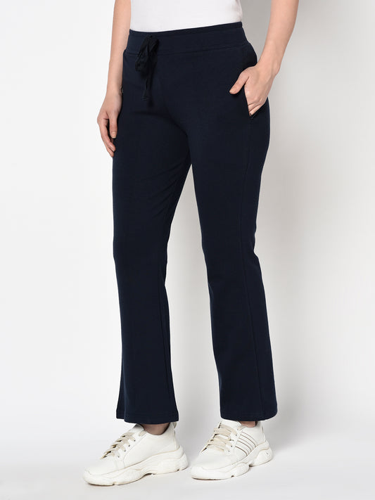 Navy Blue Bell Bottomed Stretch Fabric Track Pant With Zipper Pockets