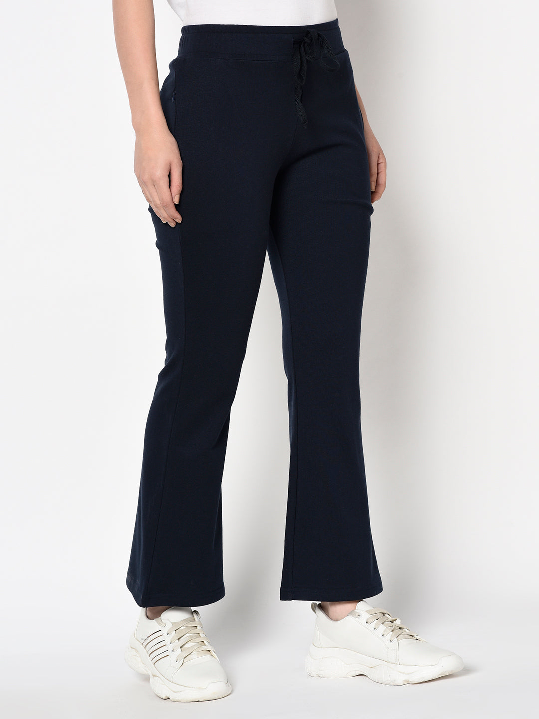 Navy Blue Bell Bottomed Stretch Fabric Track Pant With Zipper Pockets