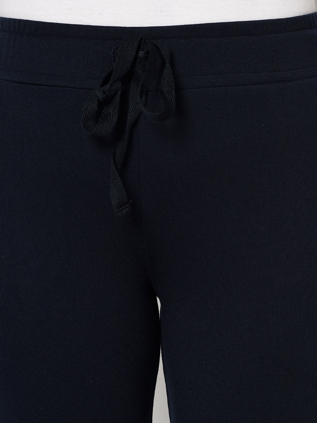 Navy Blue Bell Bottomed Stretch Fabric Track Pant With Zipper Pockets