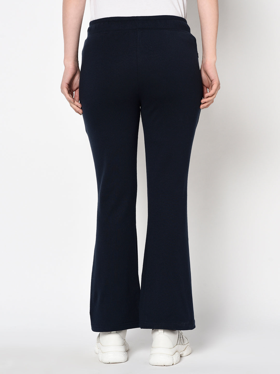Navy Blue Bell Bottomed Stretch Fabric Track Pant With Zipper Pockets