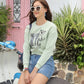 31660 - Green Chest Print Embroidered Anti Fit Crop Sweat Shirt