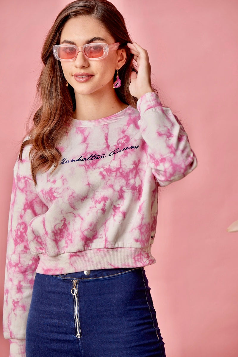 Pink Tie Dye Anti Fit Crop Sweat Shirt