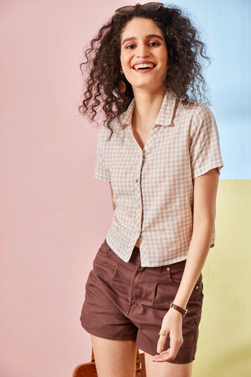 Coffee Brown Woven Check Crop Top Shirt