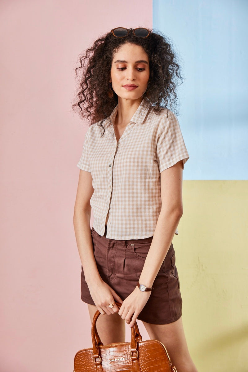 Coffee Brown Woven Check Crop Top Shirt