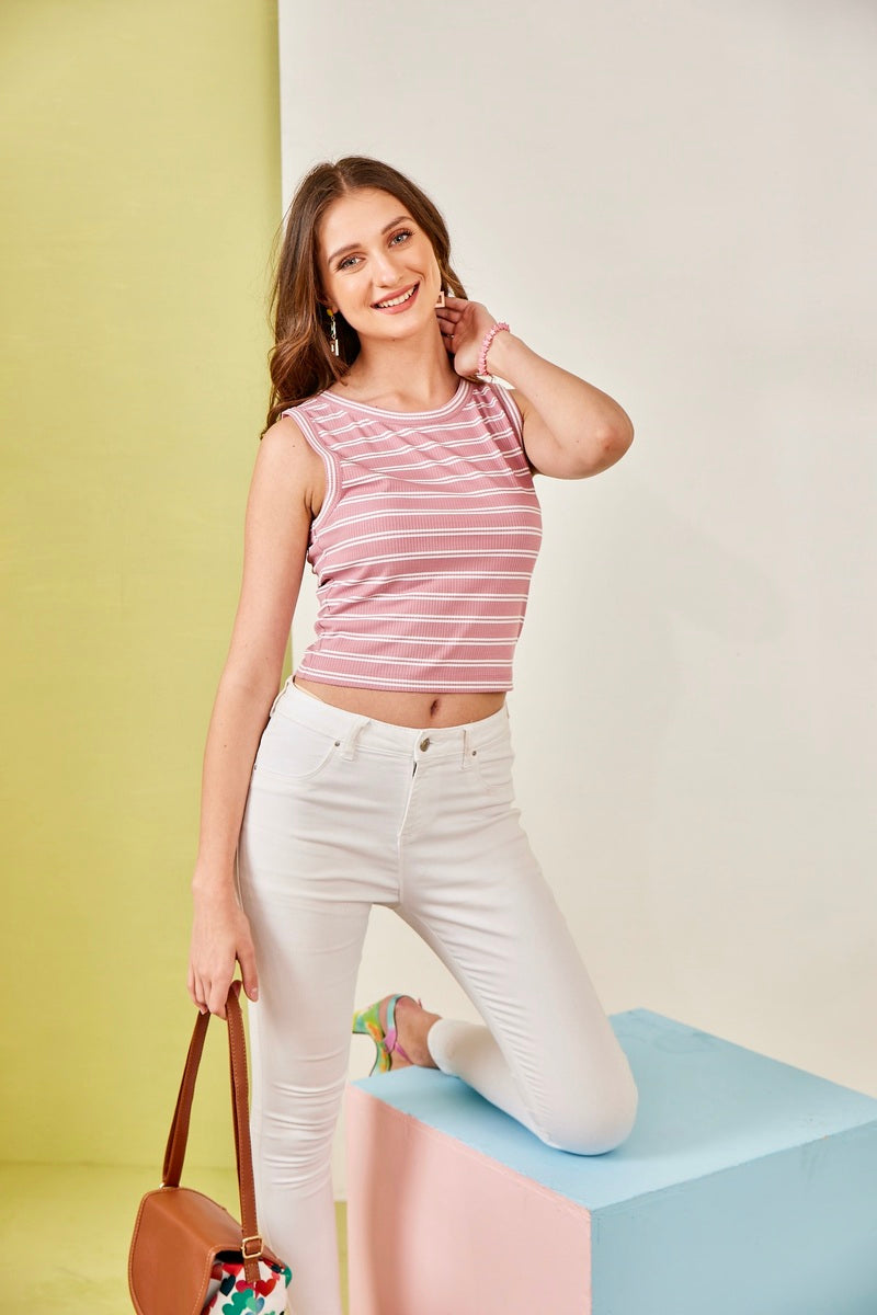 Pink Sleeve Less Crop Top in Rib Structure Fabric